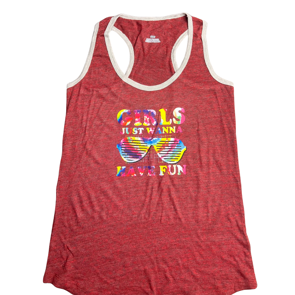 Girls Just Wanna Have Fun Women's Soft Red Tank Top- Size Large