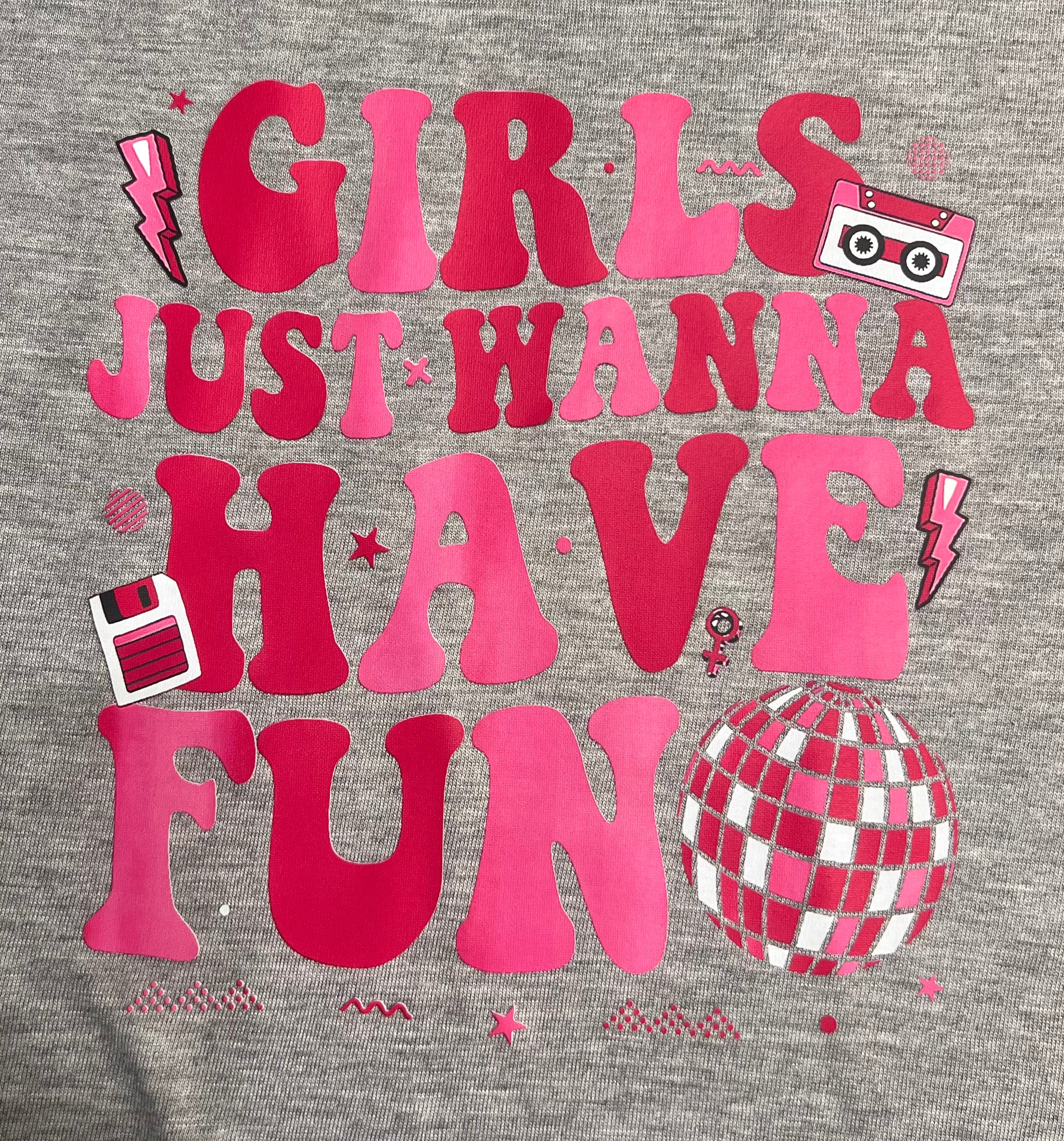 3/4 Sleeve Soft Gray Baseball Girls Just Wanna Have Fun Tee- Size Small
