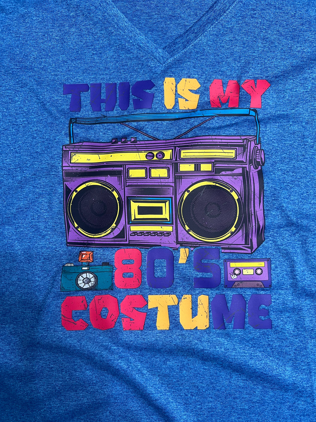 This is My 80s Costume Blue V-Neck Athletic Long Sleeve Tee- Large