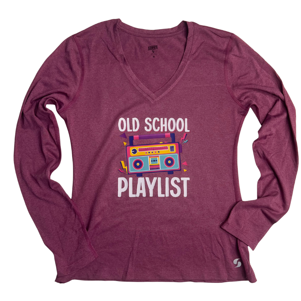 Purple Women's V-Neck Old School Playlist Long Sleeve Athletic Tee- Small