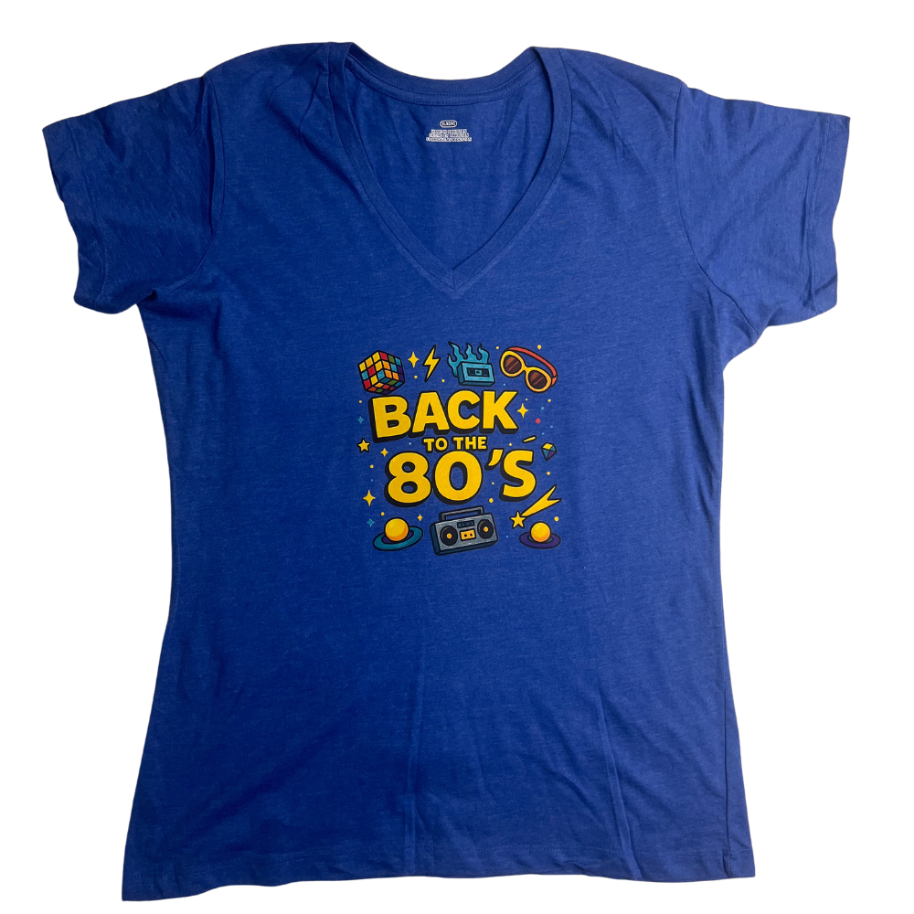 Back to the 80's Women's Blue V-Neck Tee- Size XL