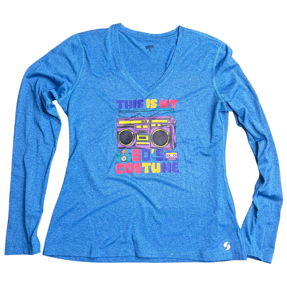 This is My 80s Costume Blue V-Neck Athletic Long Sleeve Tee- Large