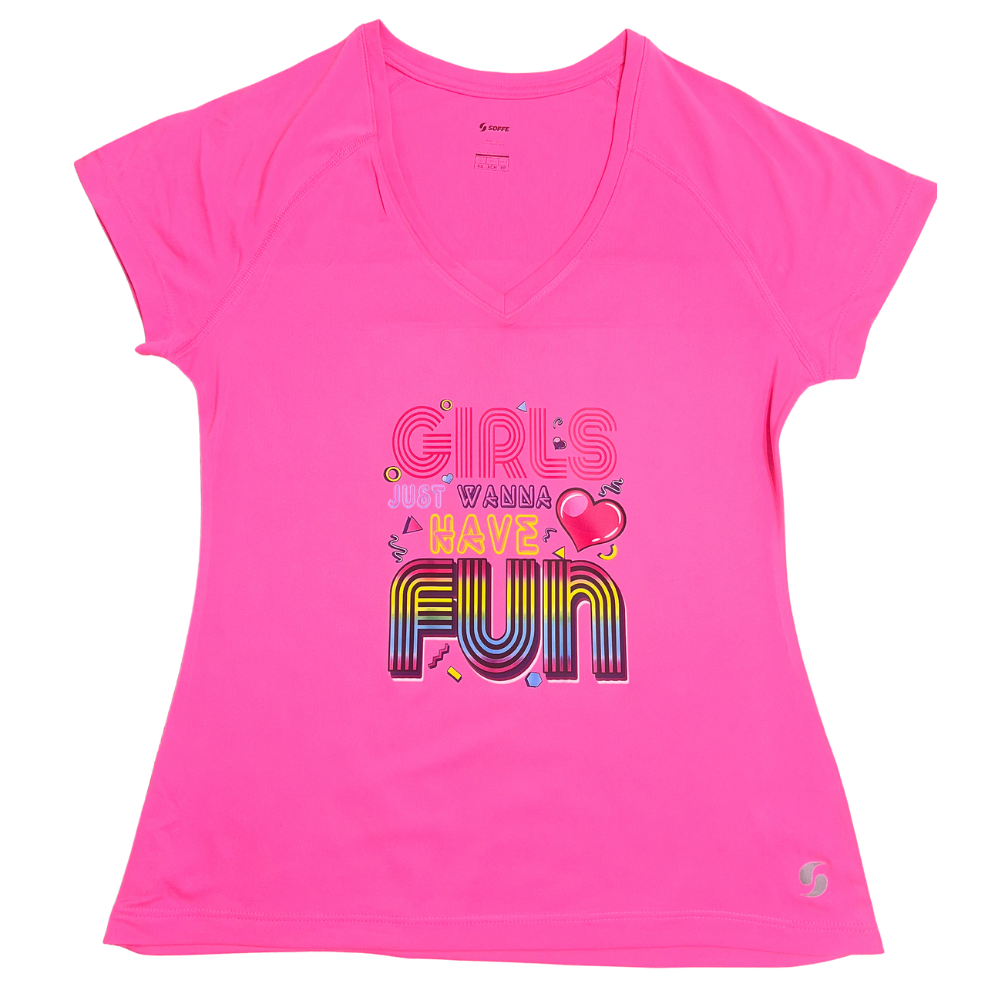 Girls Just Wanna Have Fun Pink Women's Athletic V-Neck Tee- XS