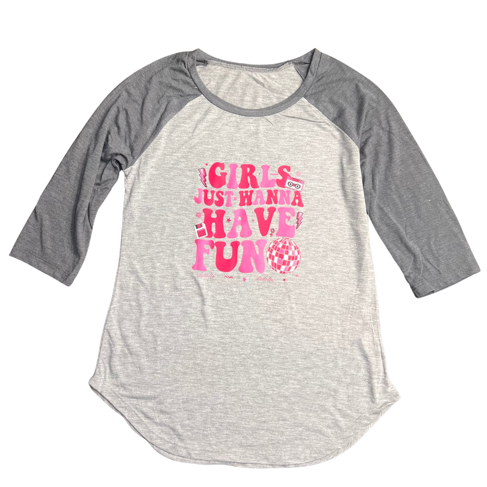 3/4 Sleeve Soft Gray Baseball Girls Just Wanna Have Fun Tee- Size Small