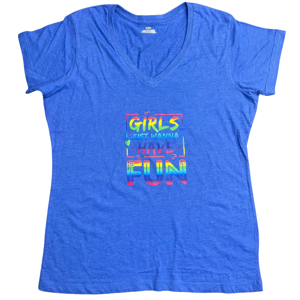 Girls Just Wanna Have Fun Blue V-Neck Tee- XL